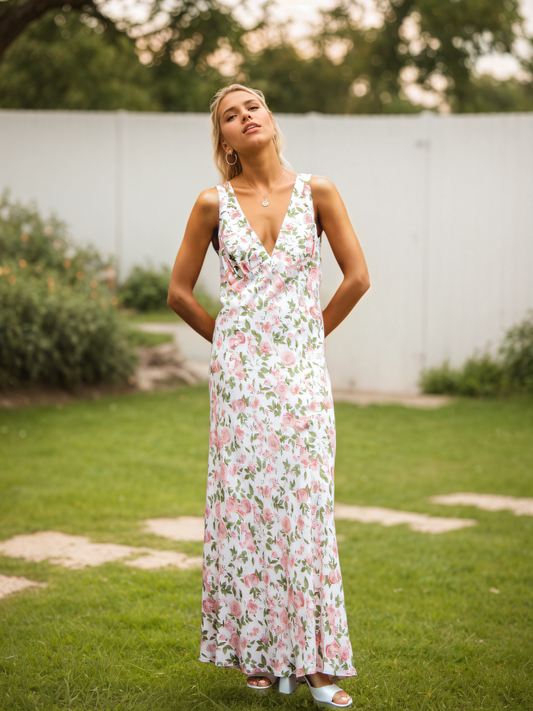 Pink Floral  Backless Tie Maxi Dress