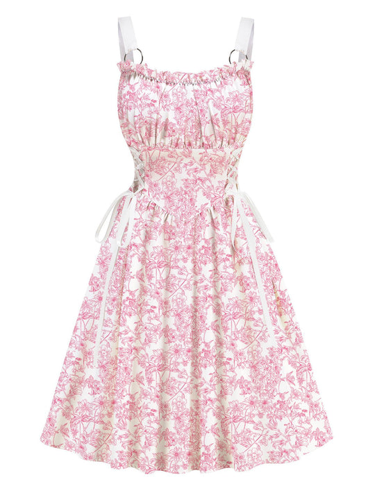 Pink Floral Printed White Drawstrings Elegant  Midi Dress