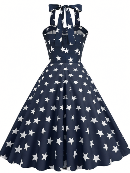 Independence Day Blue Hanging Neck Vintage Hepburn Mini Dress