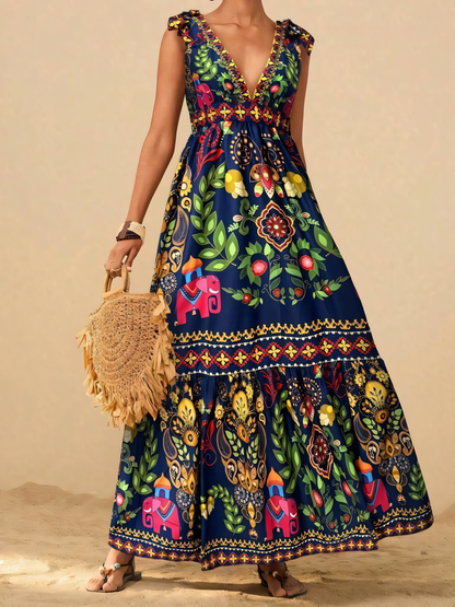 Navy Blue Floral Printed Beach Maxi Dress