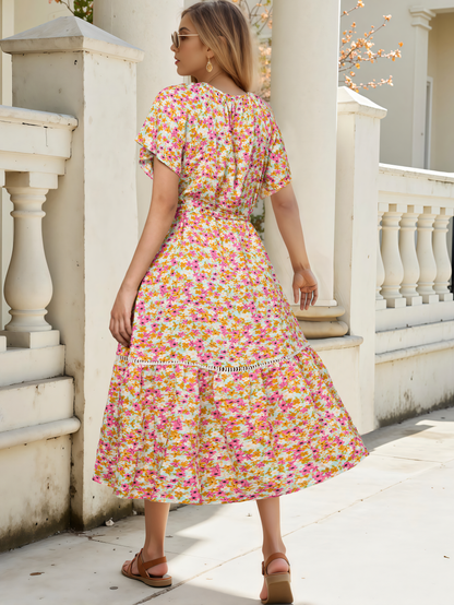 Rose Floral Skirt Ruffle Patchwork Midi Dress