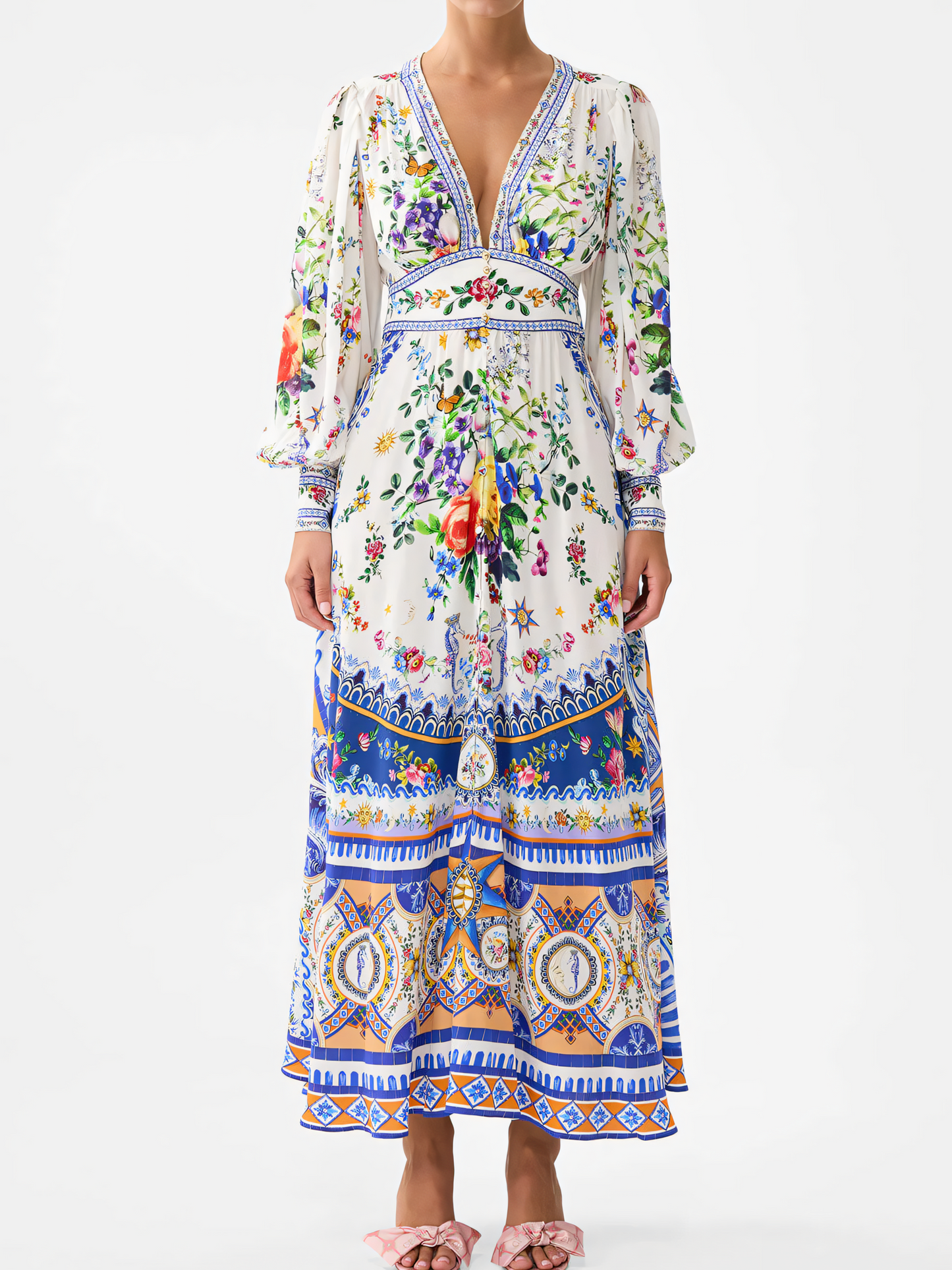 Blue Floral Long Bubble Sleeve Maxi Dress