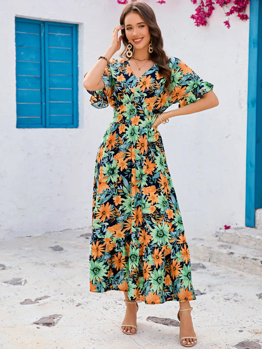 Green V-Neck Ruffle Short Sleeve Seaside Vacation Maxi Dress