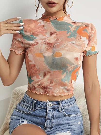 Orange Elegant Mesh Printed Rolled T-Shirt