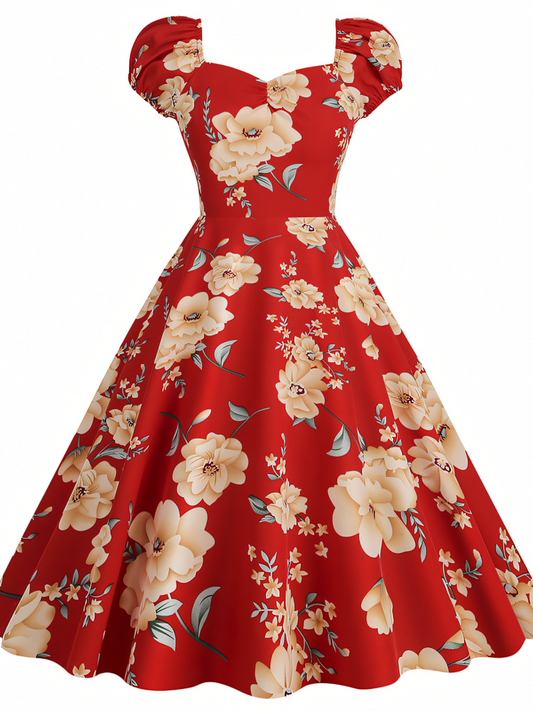 Red Floral Vintage Elegant Midi Dress
