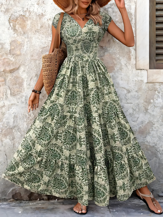 Green Print V-neck  Maxi Dress