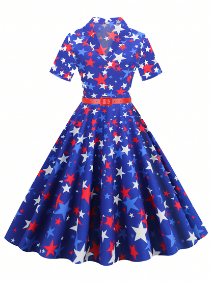 Independence Day Blue Printed  Vintage Midi Dress