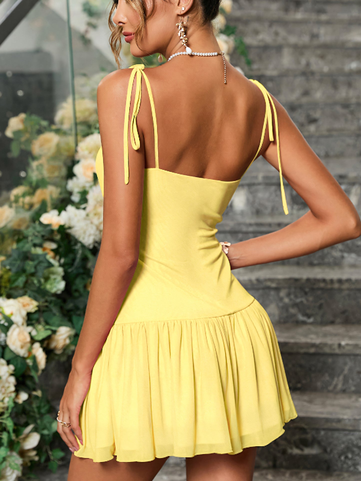 Suspenders Folds Yellow Mini Dress