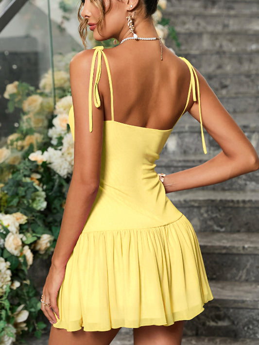Suspenders Folds Yellow Mini Dress