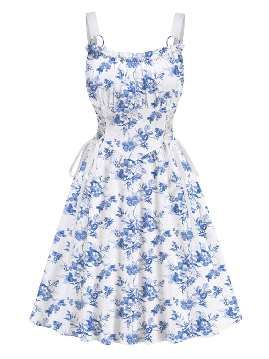 Blue Floral Printed White Drawstrings Elegant  Midi Dress