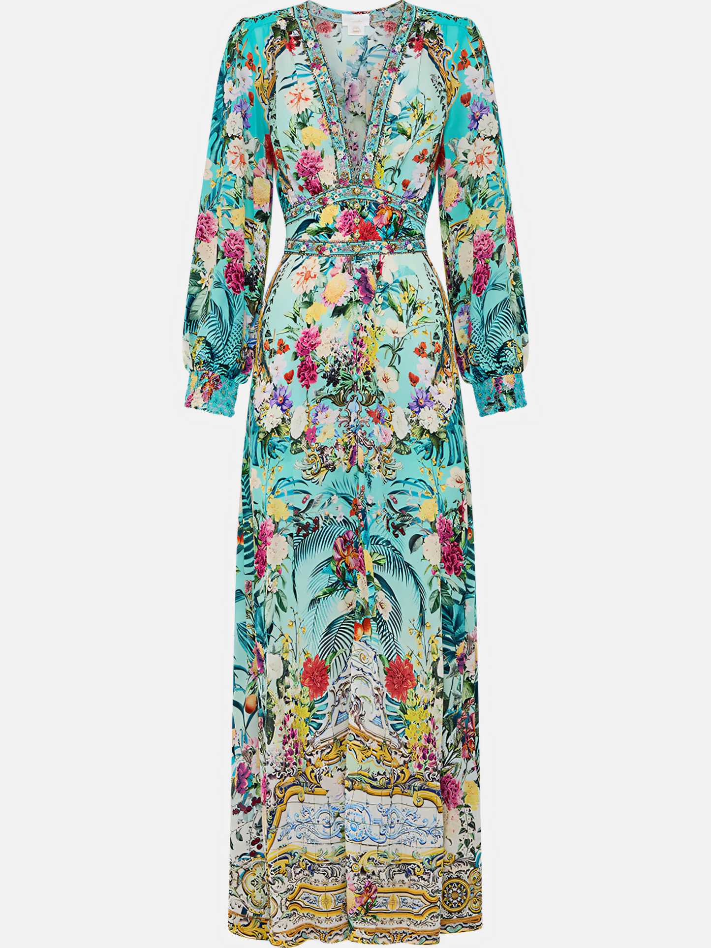 Peacock Green Floral Long Bubble Sleeve Maxi Dress