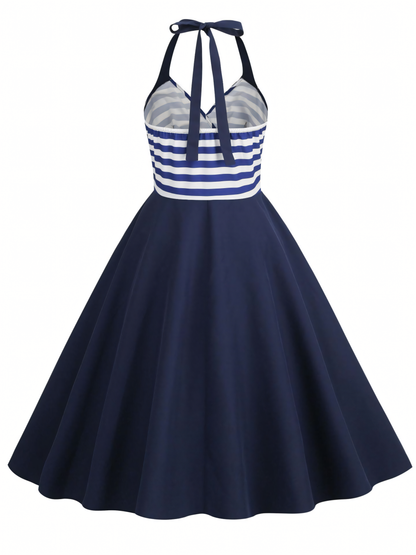 Independence Day Blue Striped Hanging Neck Vintage Mini Dress