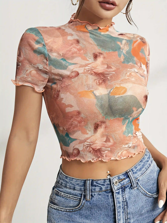 Orange Elegant Mesh Printed Rolled T-Shirt