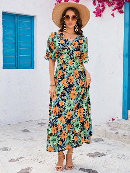 Green V-Neck Ruffle Short Sleeve Seaside Vacation Maxi Dress