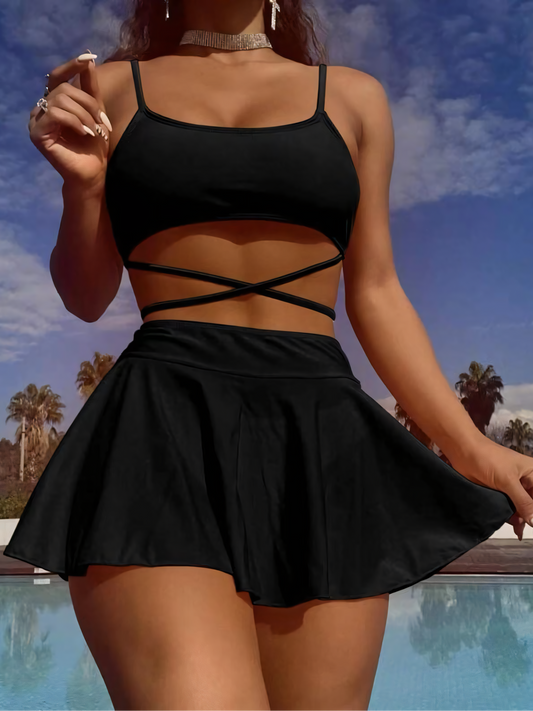 Solid Color Tie Skirt Bikini Trio Set