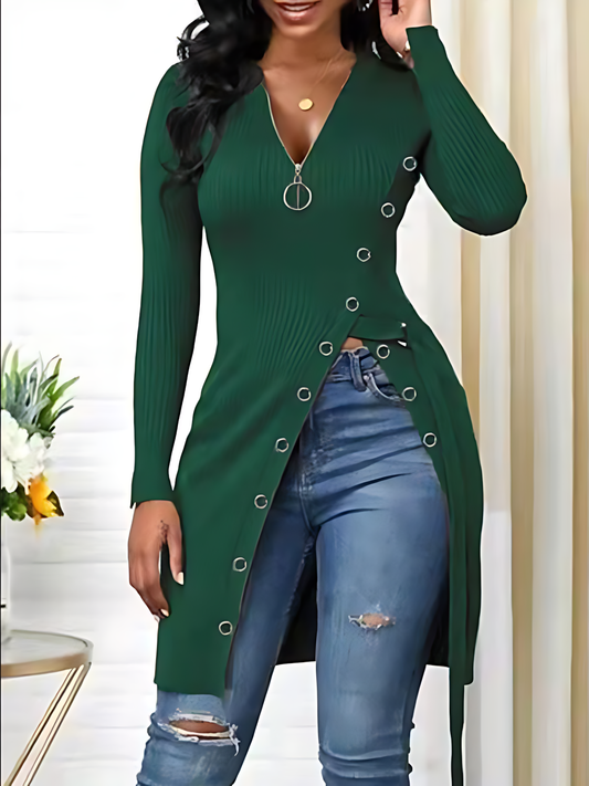 V-neck High Slit Zipper Long-sleeved Top