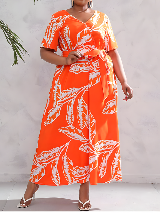 Orange V-neck Print Elasticated Waist Maxi Dress