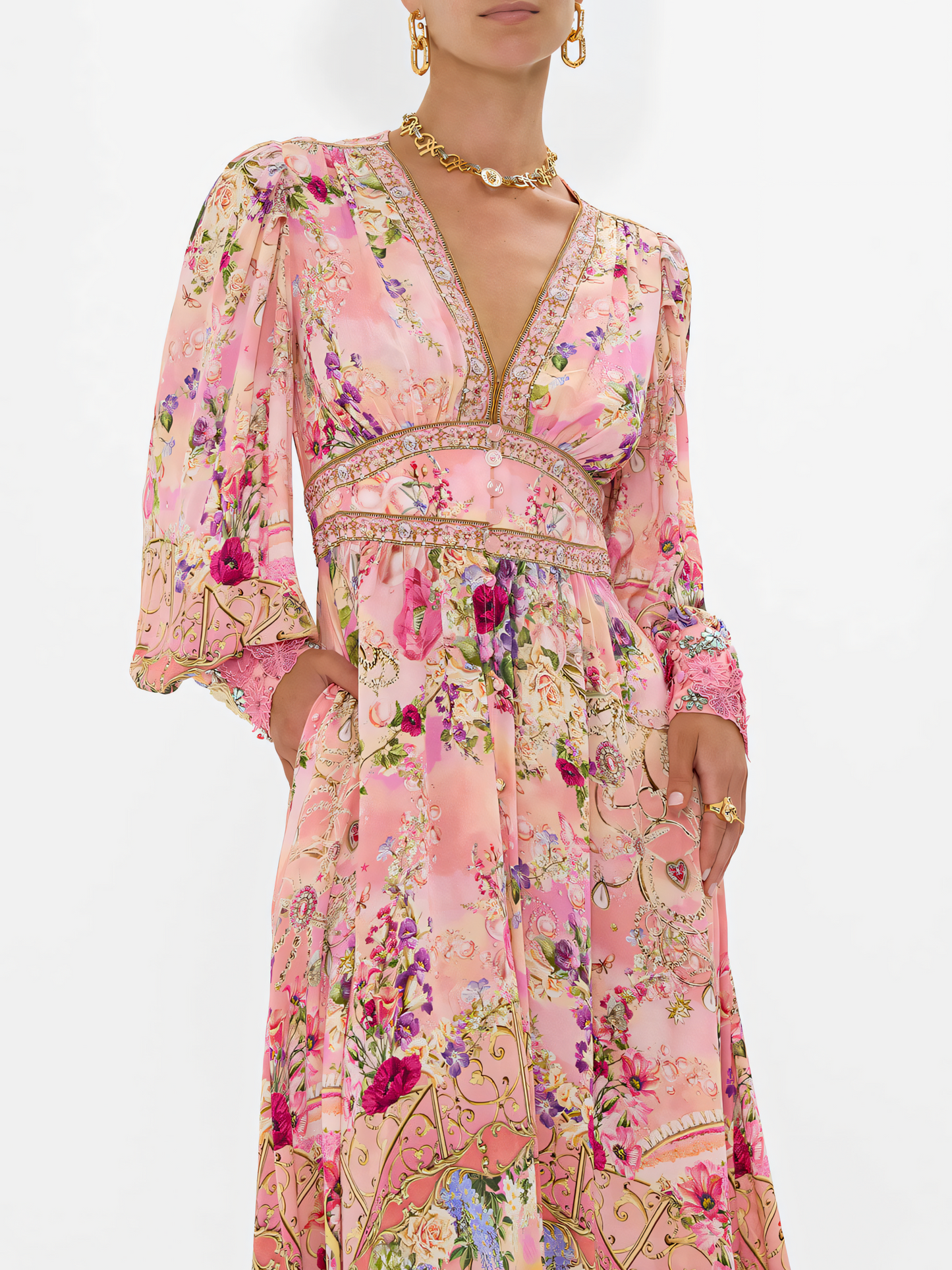 Pink Floral Long Bubble Sleeve Maxi Dress