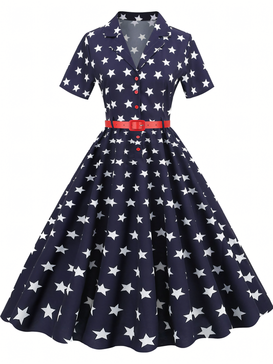 Independence Day Navy-blue Printed  Vintage Midi Dress