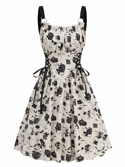 Black Floral Print  Slip Midi Dress