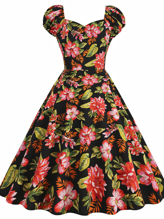 Floral Green leaves Vintage Elegant Midi Dress