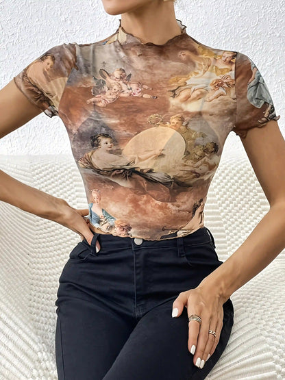 Brown Elegant Mesh Printed Rolled T-Shirt