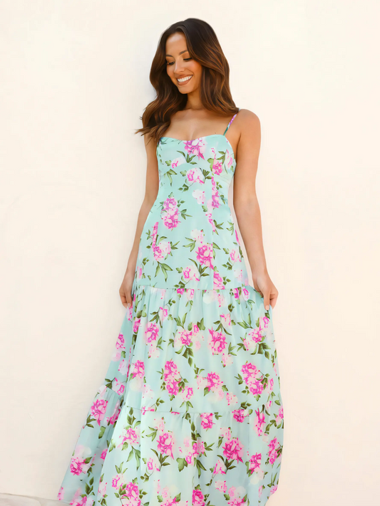 Green Floral Backless Halter Seaside Vacation Maxi Dress