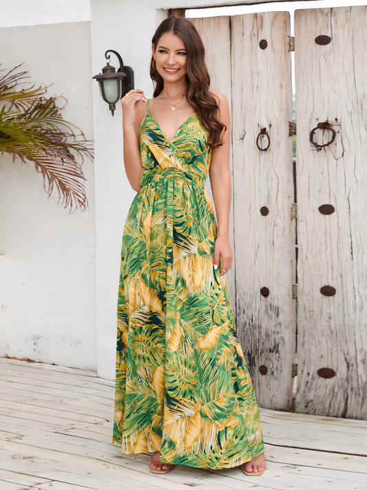 Green Printed Bohemia V-Neck Halter Maxi Dress
