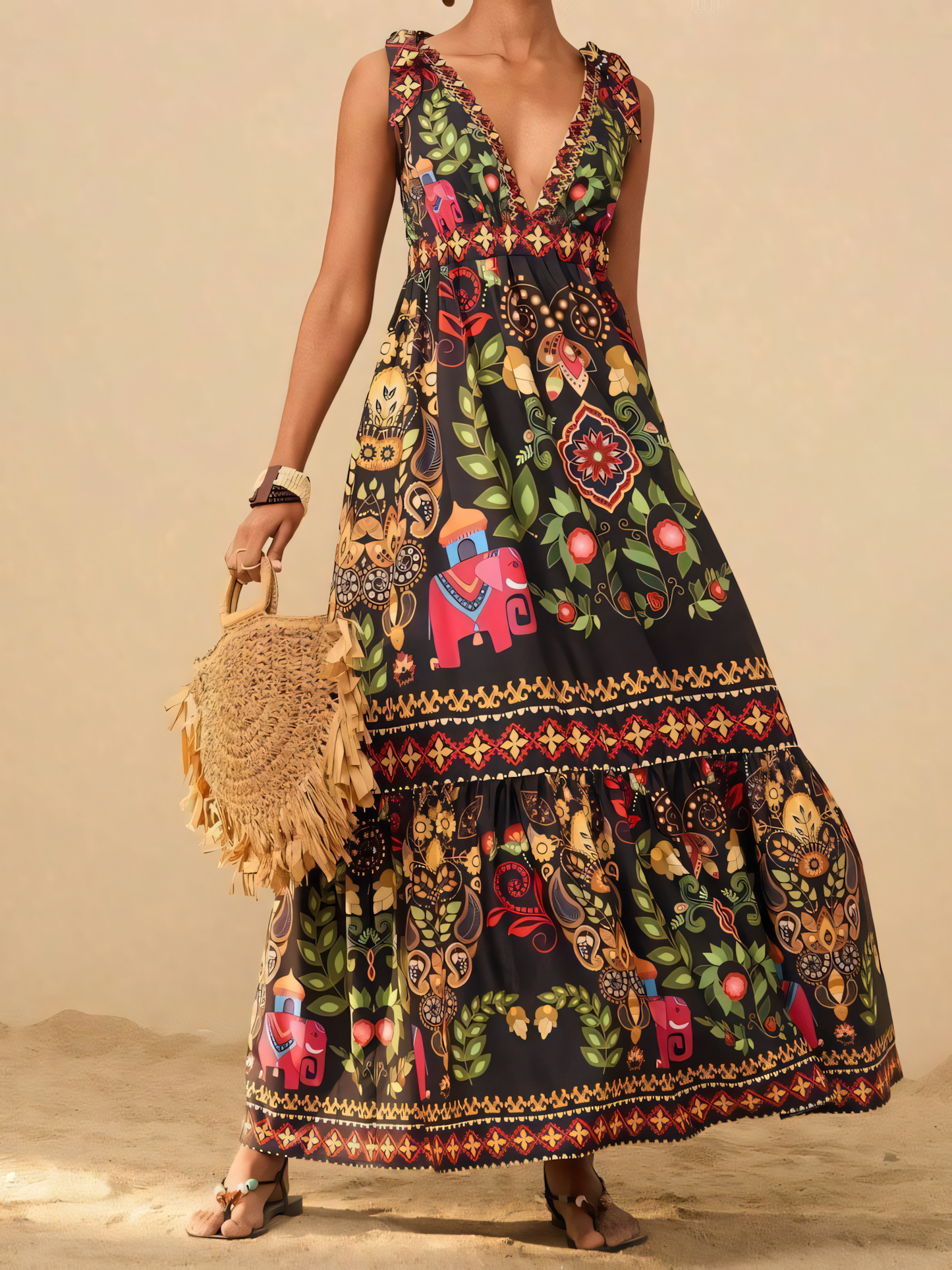 Black Floral Printed Beach Maxi Dress