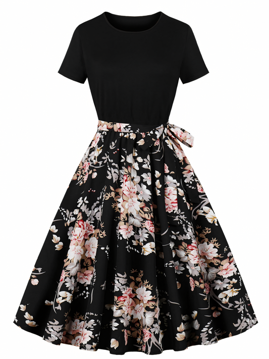 Black Pink Floral Vintage Midi Dress