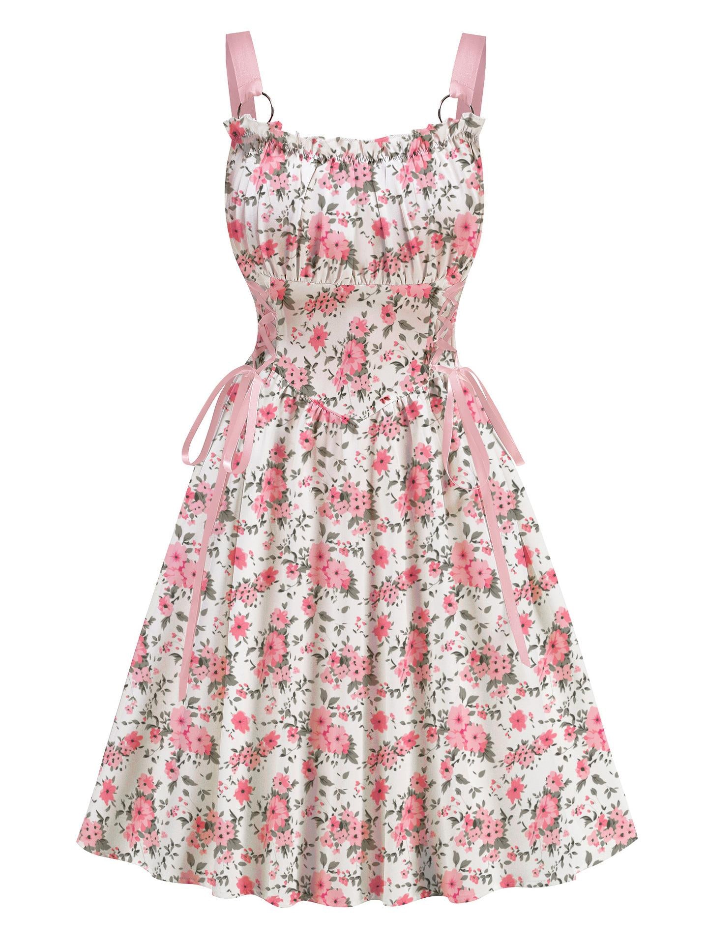 Pink Floral Printed Pink Drawstrings Elegant  Midi Dress