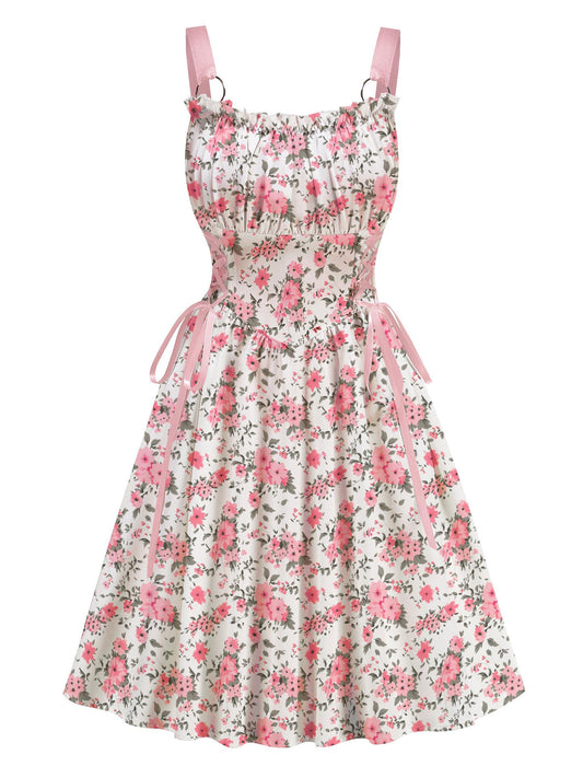Pink Floral Printed Pink Drawstrings Elegant  Midi Dress