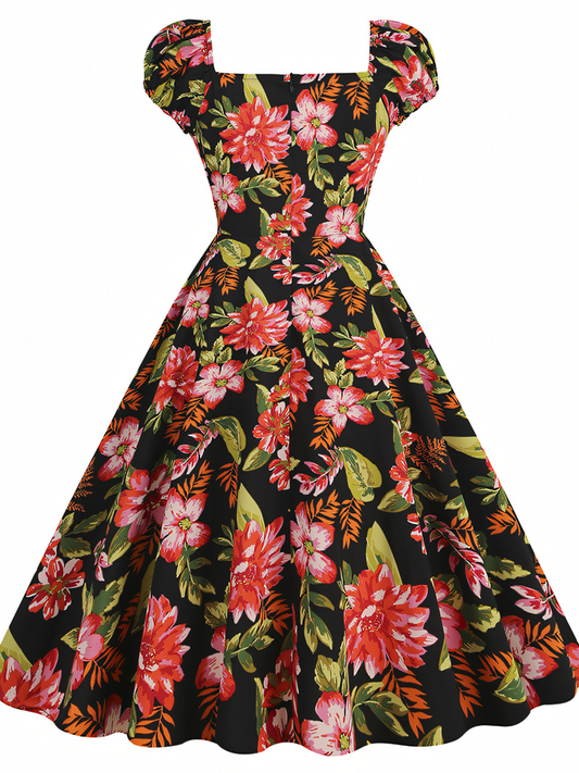 Floral Green leaves Vintage Elegant Midi Dress