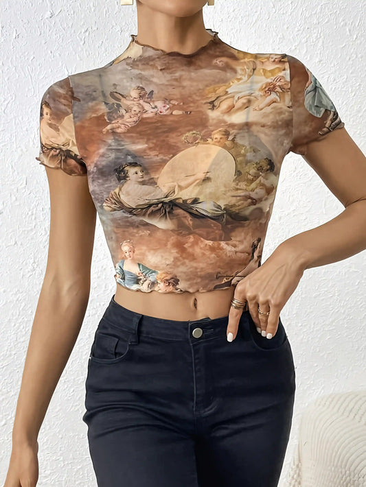 Brown Elegant Mesh Printed Rolled T-Shirt