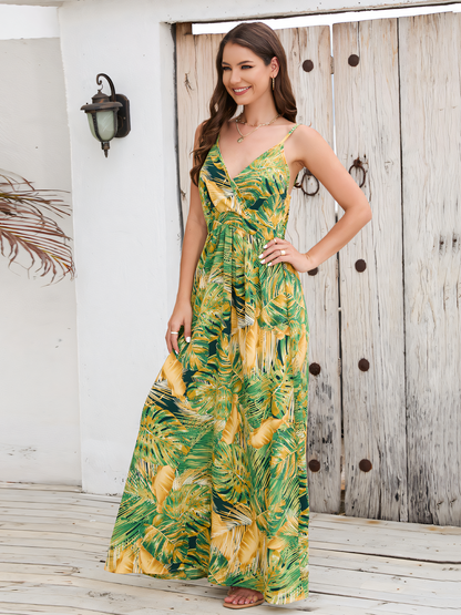 Green Printed Bohemia V-Neck Halter Maxi Dress