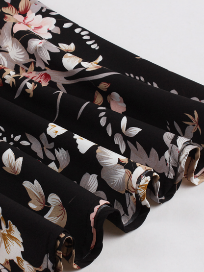 Black Pink Floral Vintage Midi Dress