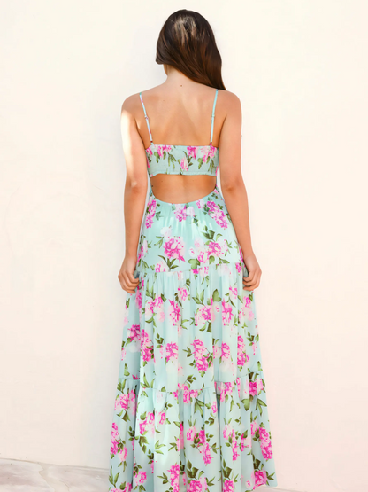 Green Floral Backless Halter Seaside Vacation Maxi Dress
