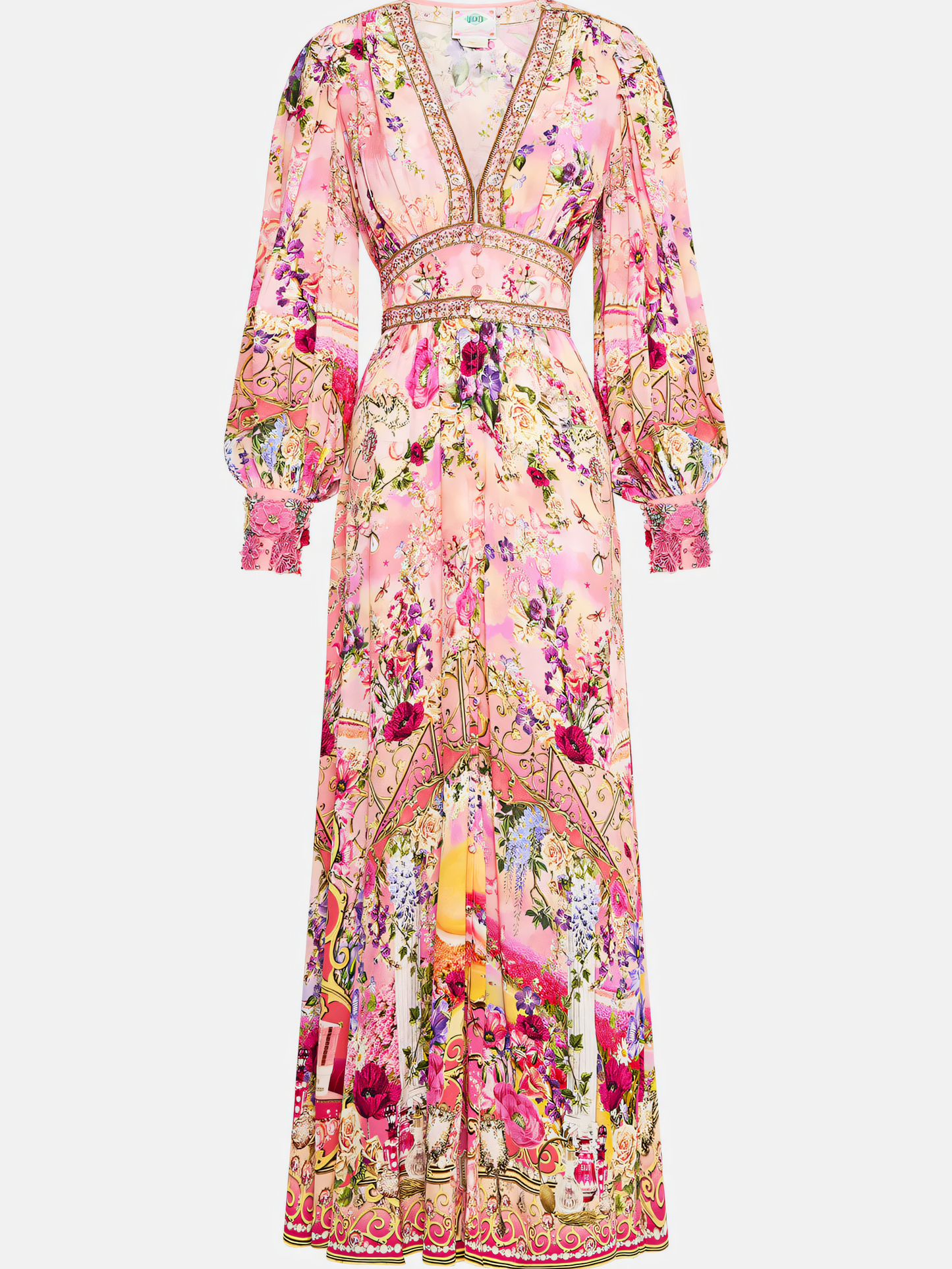 Pink Floral Long Bubble Sleeve Maxi Dress