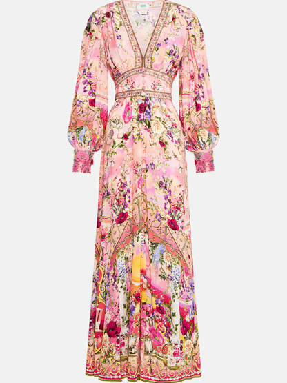 Pink Floral Long Bubble Sleeve Maxi Dress