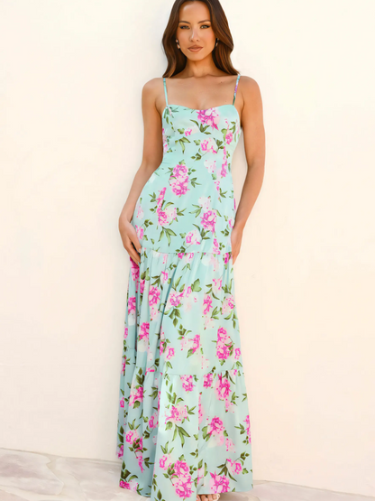 Green Floral Backless Halter Seaside Vacation Maxi Dress
