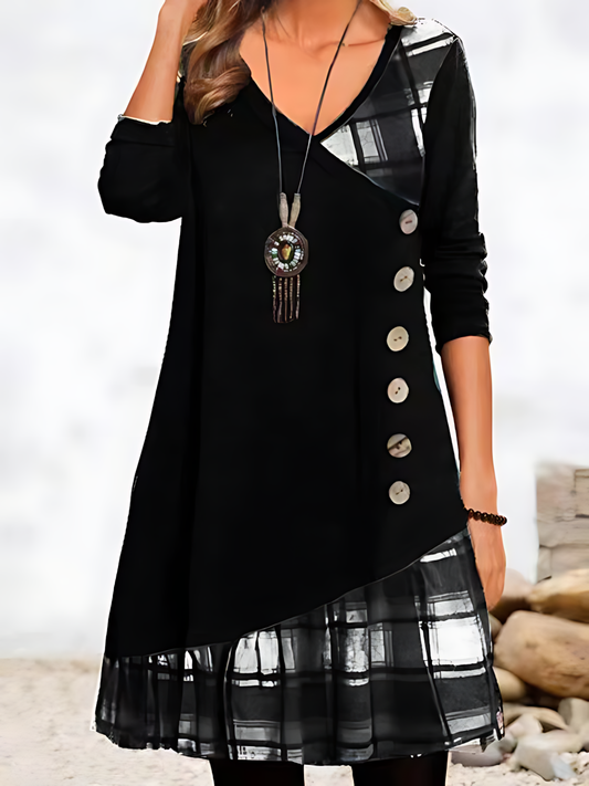 Casual Patchwork Button-up Long-sleeved Mini Dress