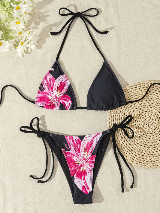 Black Flower Print Tie-Side Bikini