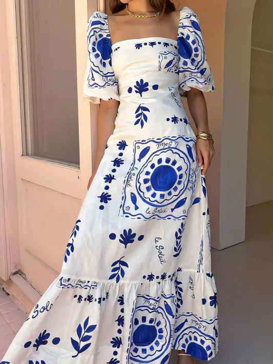 Blue  White Printed Bubble Sleeve Maxi Dress