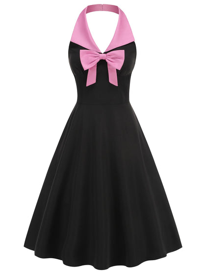 Black Halterneck V-neck Pink Bow Midi Dress