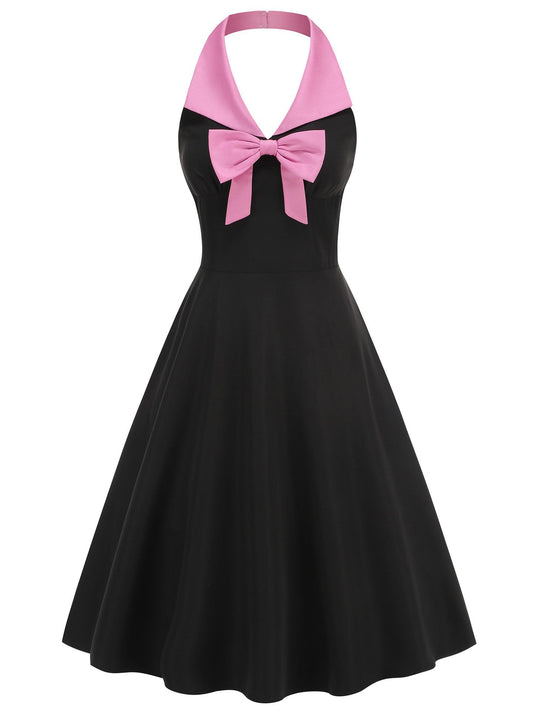 Black Halterneck V-neck Pink Bow Midi Dress