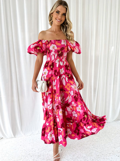 Rose Floral Printed Puffy Bubble Sleeve  Midi Dress