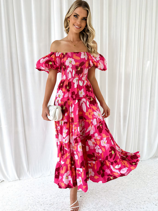 Rose Floral Printed Puffy Bubble Sleeve  Midi Dress