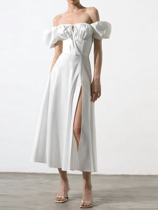 Puff Sleeve Slit Solid Color Midi Dress