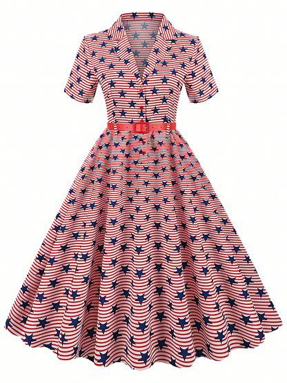Independence Day Pink Printed  Vintage Midi Dress