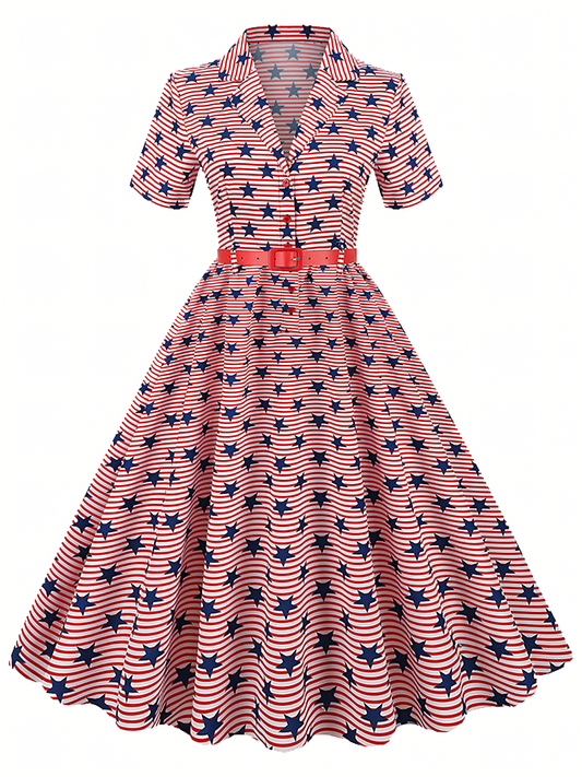 Independence Day Pink Printed  Vintage Midi Dress